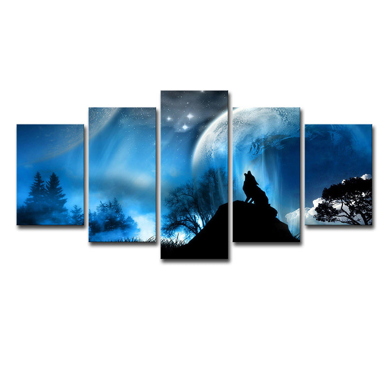 Multi-Piece Blue Canvas Art Kids Digital Print Wolf Howling at the Moon Wall Decor