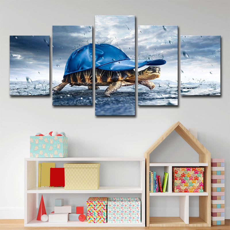 Blue Tortoise with Cap Canvas Multi-Piece Modern Style Sitting Room Wall Art