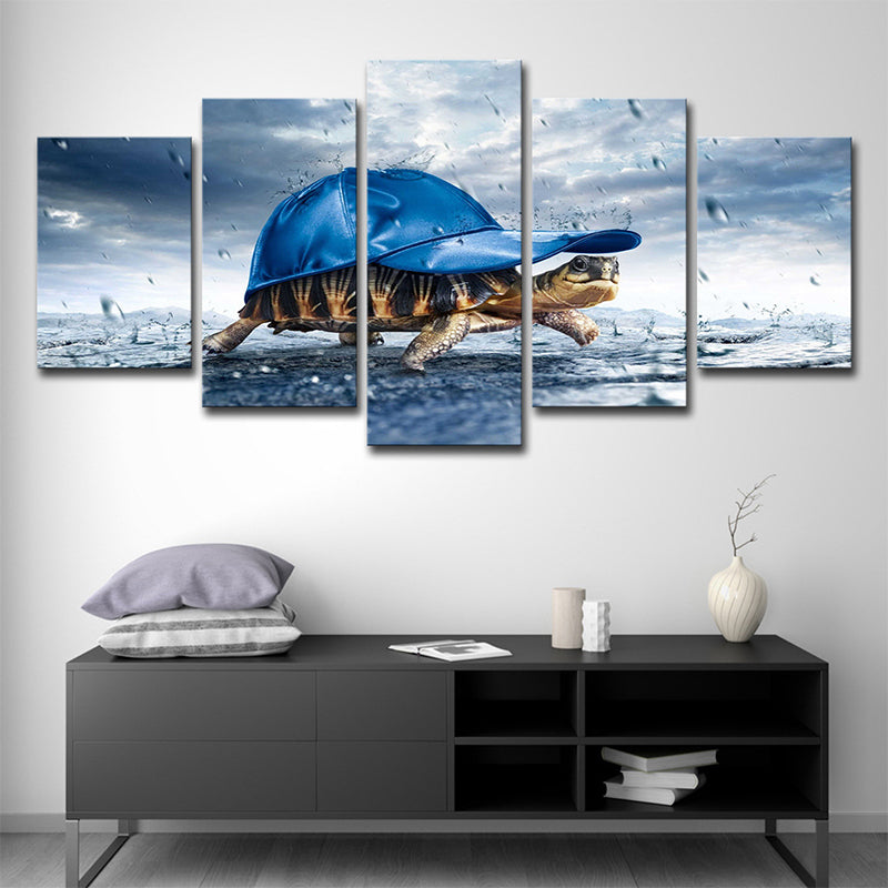 Blue Tortoise with Cap Canvas Multi-Piece Modern Style Sitting Room Wall Art