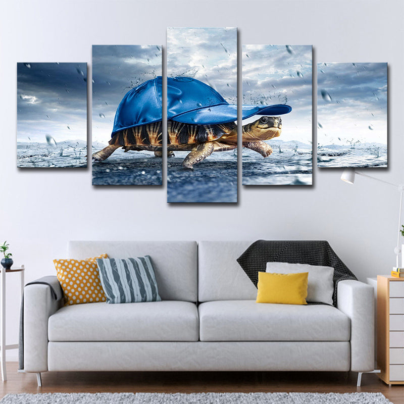 Blue Tortoise with Cap Canvas Multi-Piece Modern Style Sitting Room Wall Art