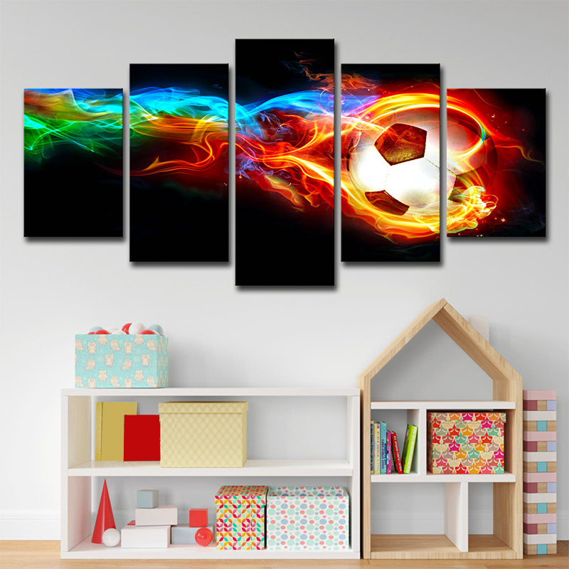 Sports Soccer on Fire Canvas Modern Multi-Piece Wall Art Print in Black for Room