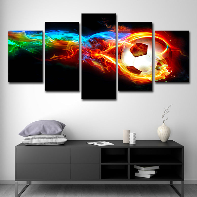 Sports Soccer on Fire Canvas Modern Multi-Piece Wall Art Print in Black for Room