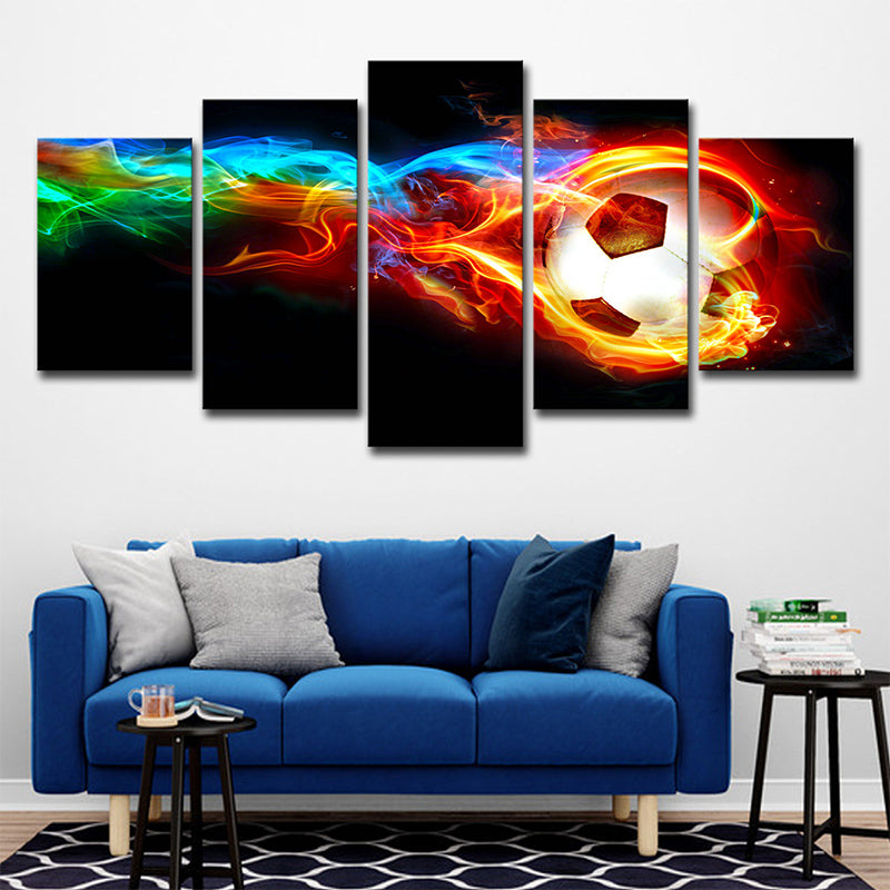 Sports Soccer on Fire Canvas Modern Multi-Piece Wall Art Print in Black for Room