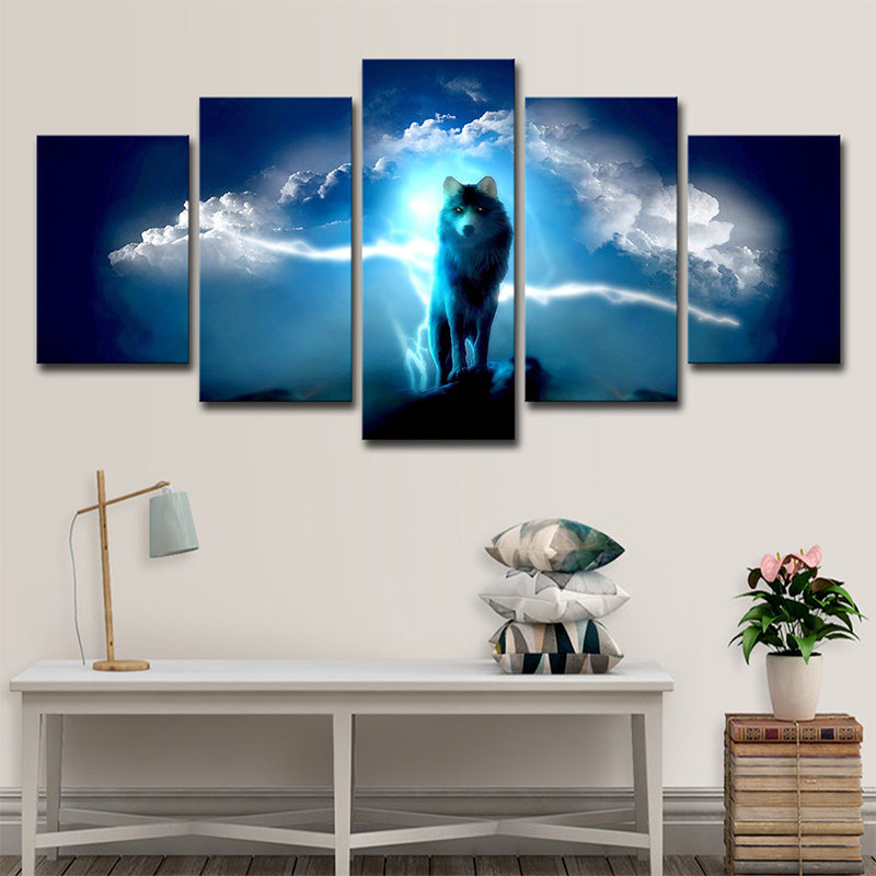 Mysterious Night Wolf Canvas Print House Interior Animal Pattern Wall Art in Blue