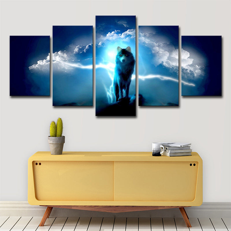 Mysterious Night Wolf Canvas Print House Interior Animal Pattern Wall Art in Blue