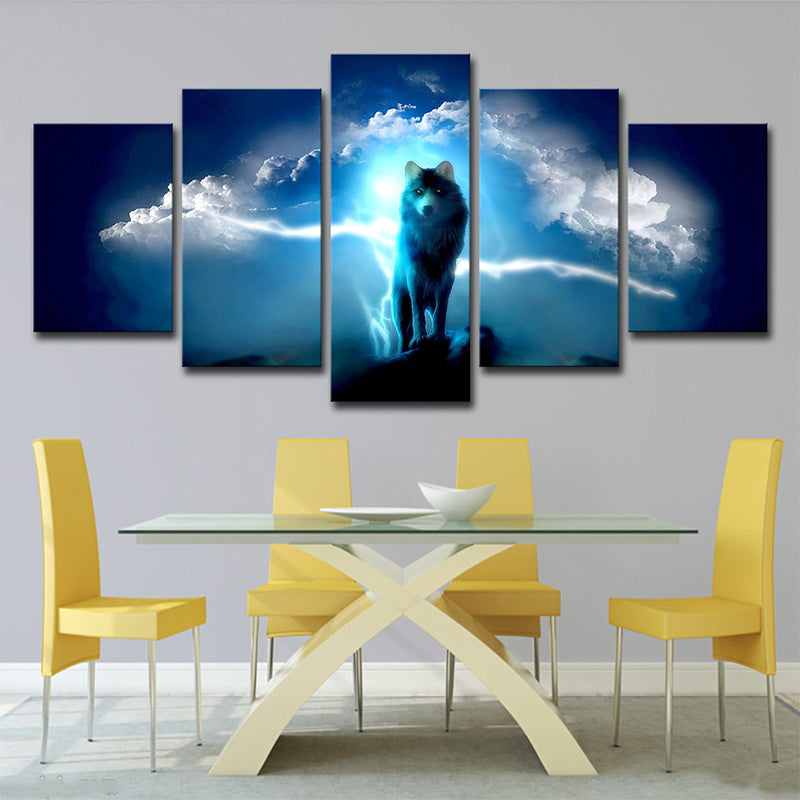 Mysterious Night Wolf Canvas Print House Interior Animal Pattern Wall Art in Blue