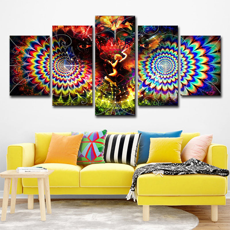 Kaleidoscope Wall Art Print Bohemian Angel and Owl Canvas in Red for Living Room