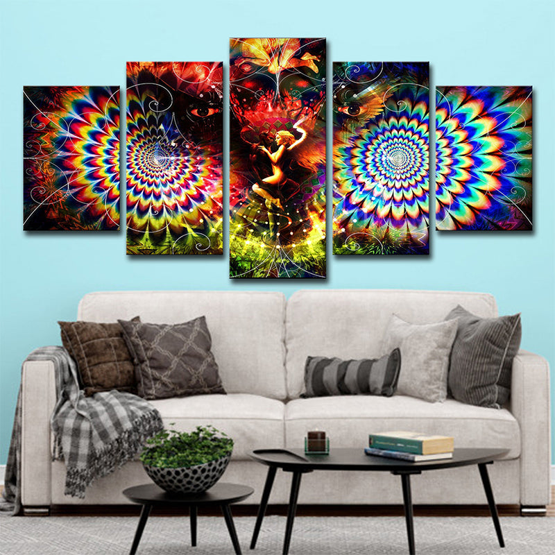 Kaleidoscope Wall Art Print Bohemian Angel and Owl Canvas in Red for Living Room