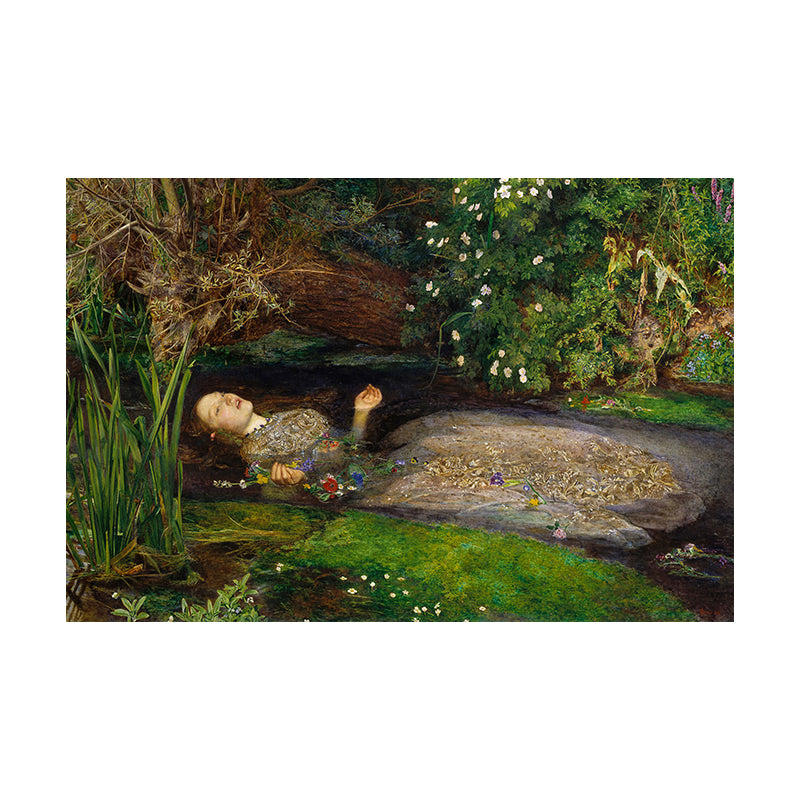 Lady Flowing with Stream Canvas for Bedroom Figure Painting Wall Art Print in Green, Textured