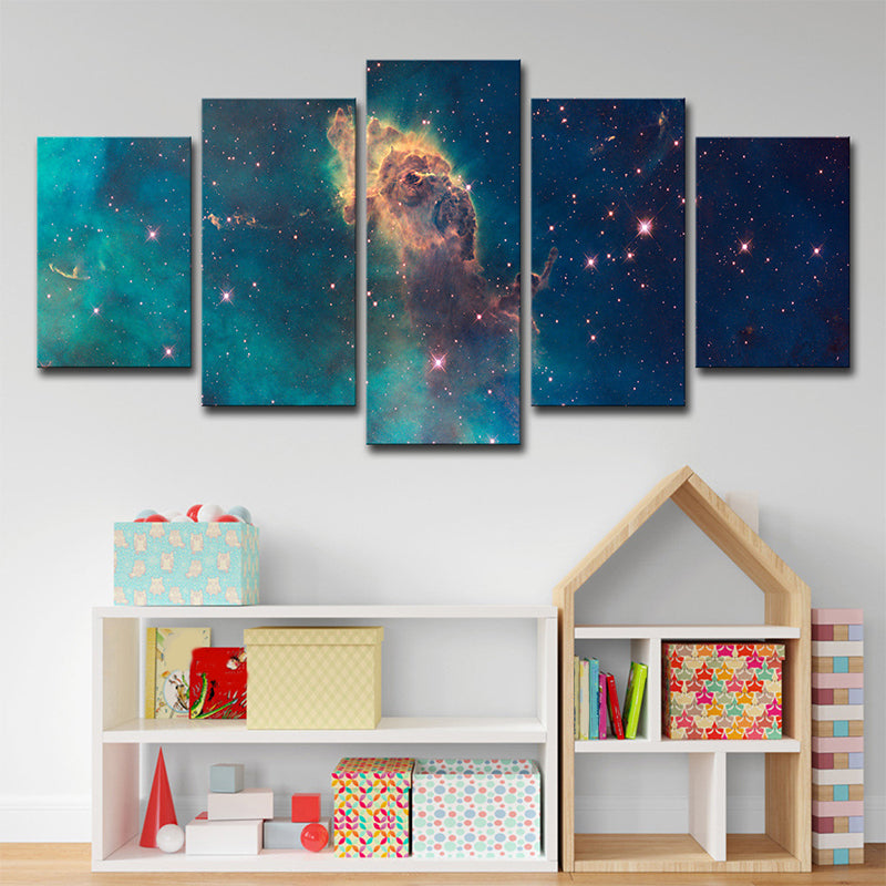 Galaxy and Stars Print Canvas Bedroom Outer Space View Wall Art in Green for Decor