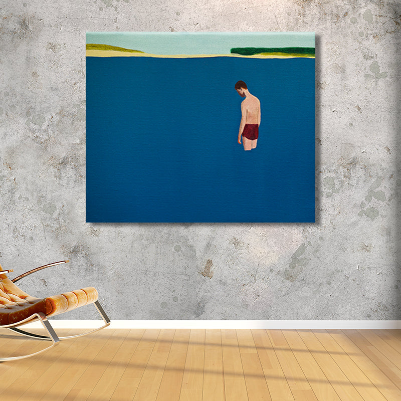 Man in Sea Painting Art Print Blue Contemporary Wall Decoration for House Interior