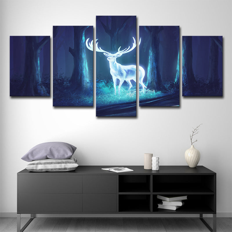 Mysterious Forest Deer Canvas Wall Art for Children Bedroom, Blue-White, Multi-Piece
