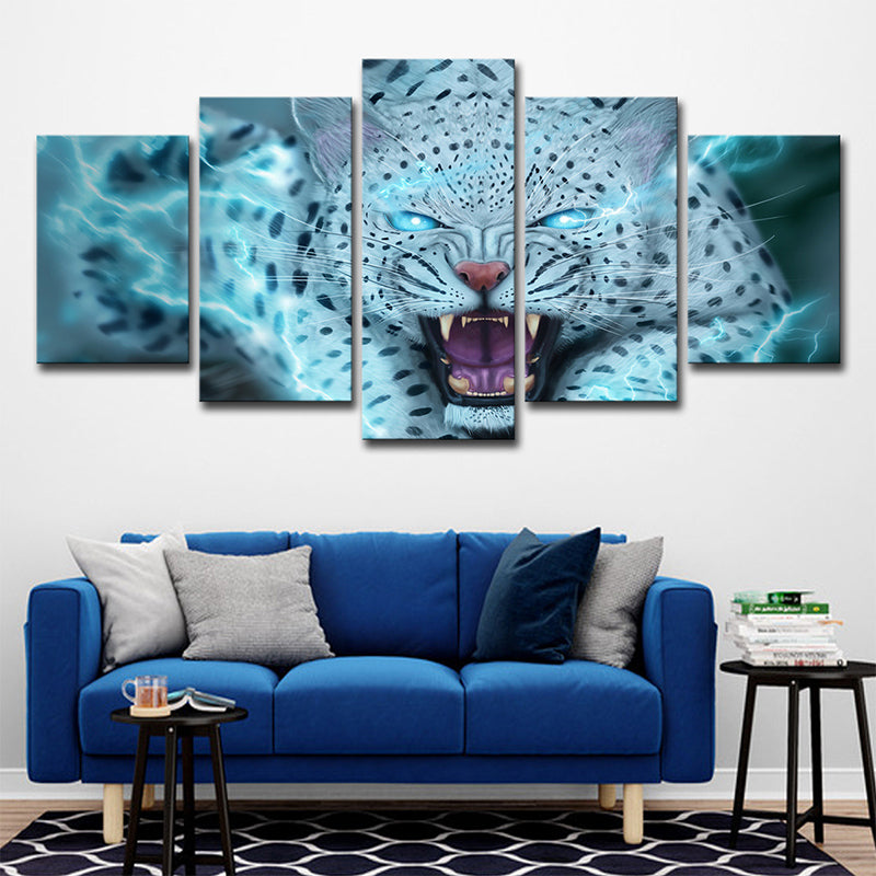 Wild Beast Leopard Art Print Modern Style Multi-Piece Wall Decor in Blue for Room