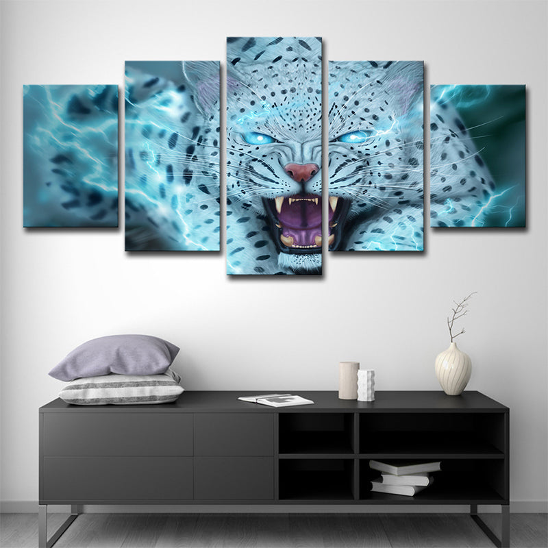 Wild Beast Leopard Art Print Modern Style Multi-Piece Wall Decor in Blue for Room