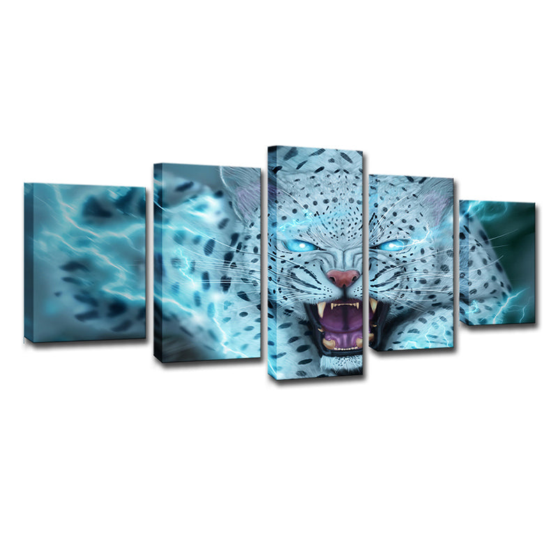 Wild Beast Leopard Art Print Modern Style Multi-Piece Wall Decor in Blue for Room