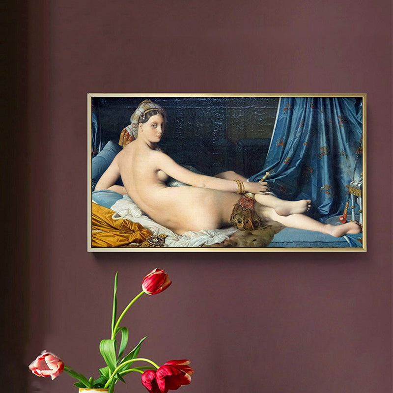 Nude Woman Painting Art Print Vintage Sexy Figure Wall Decor in Blue for Dining Room