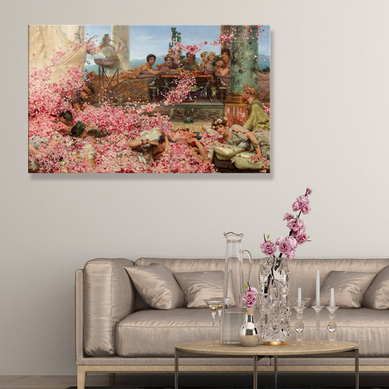 Textured People and Rose Painting Rustic Canvas Wall Art in Pink for Living Room