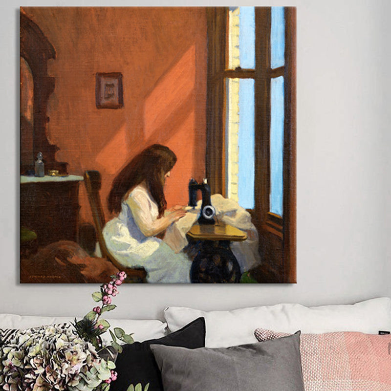 Canvas Textured Wall Art Decor Countryside A Girl at the Sewing Machine Painting in Brown