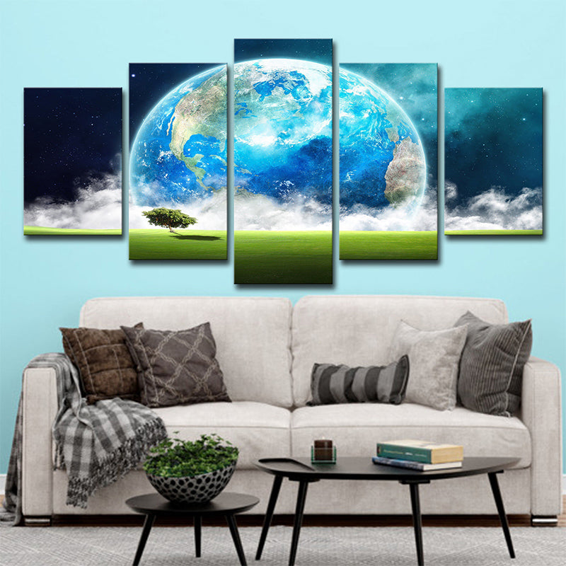 Blue Modern Canvas Print Meadow and Giant Earth View Wall Art Decor for Living Room