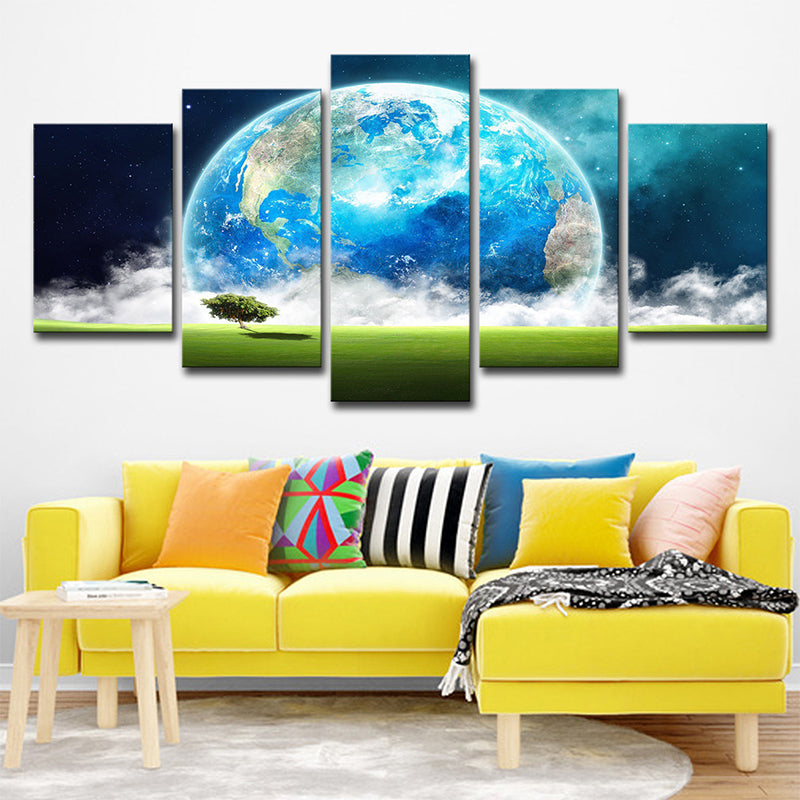 Blue Modern Canvas Print Meadow and Giant Earth View Wall Art Decor for Living Room