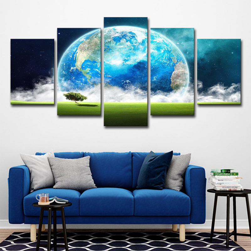 Blue Modern Canvas Print Meadow and Giant Earth View Wall Art Decor for Living Room