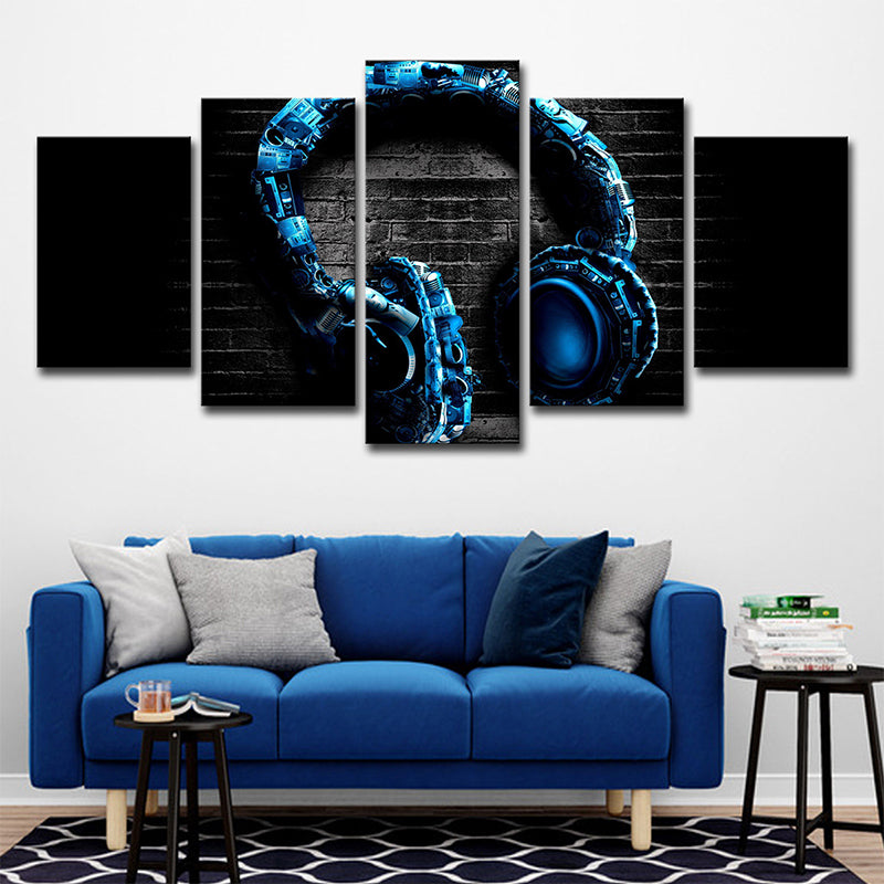 Musical Earphone Wall Art Modern Multi-Piece Canvas Print in Blue on Black for Boys Room