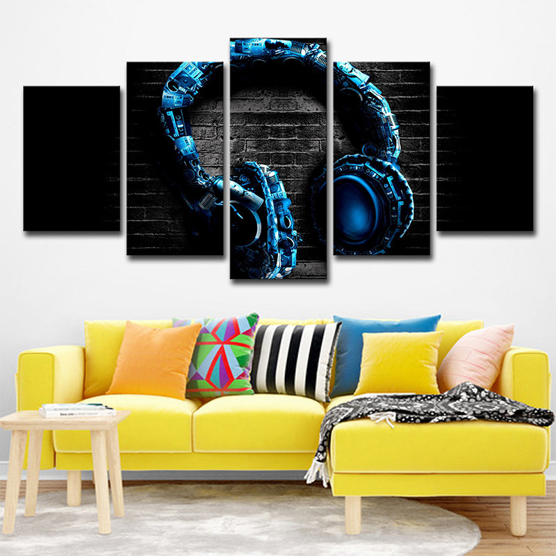 Musical Earphone Wall Art Modern Multi-Piece Canvas Print in Blue on Black for Boys Room