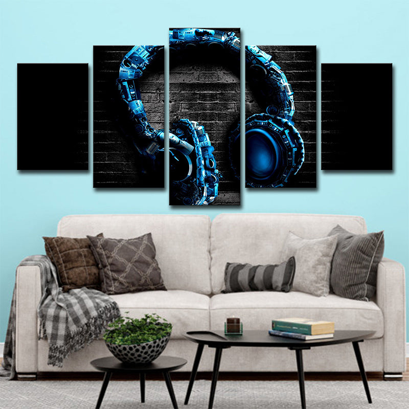 Musical Earphone Wall Art Modern Multi-Piece Canvas Print in Blue on Black for Boys Room