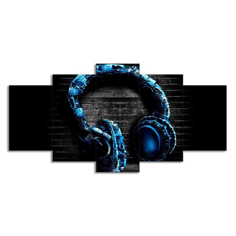 Musical Earphone Wall Art Modern Multi-Piece Canvas Print in Blue on Black for Boys Room