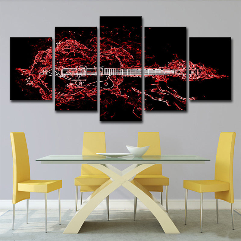 Red Musical Canvas Wall Art Guitar Modern Style Multi-Piece Wall Decor for Bedroom