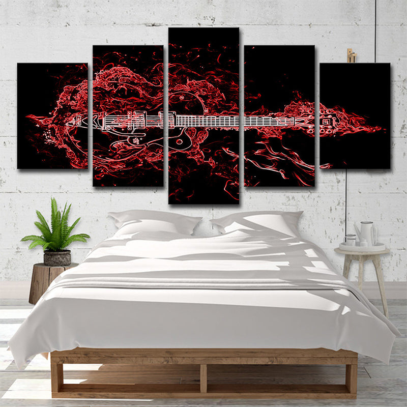 Red Musical Canvas Wall Art Guitar Modern Style Multi-Piece Wall Decor for Bedroom