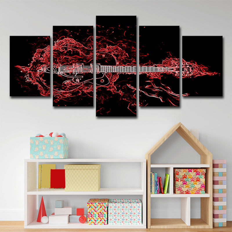 Red Musical Canvas Wall Art Guitar Modern Style Multi-Piece Wall Decor for Bedroom