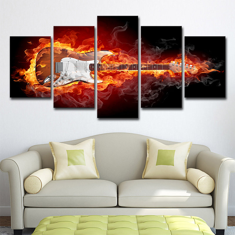 Orange Guitar on Fire Art Print Rock Music Modern Multi-Piece Canvas for Boys Room