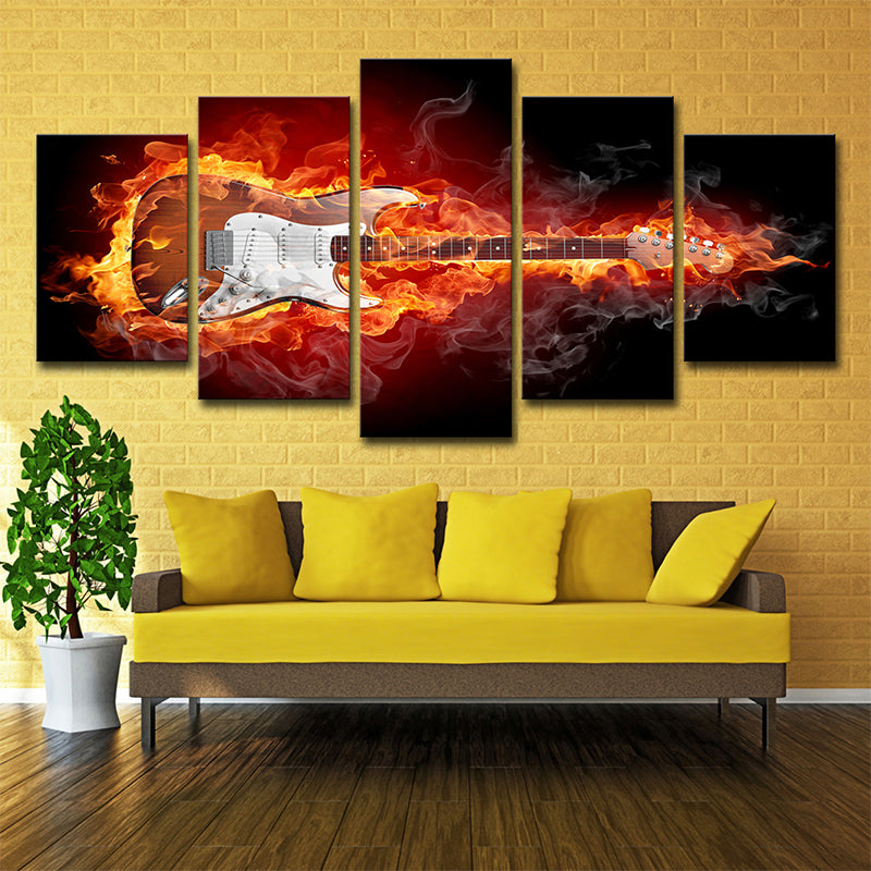 Orange Guitar on Fire Art Print Rock Music Modern Multi-Piece Canvas for Boys Room