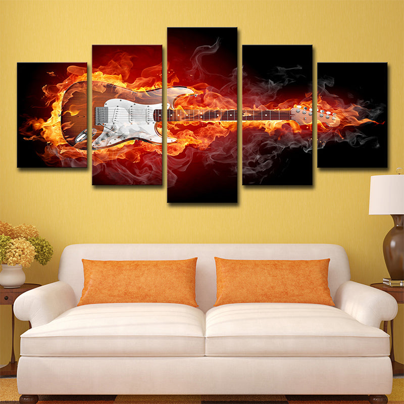 Orange Guitar on Fire Art Print Rock Music Modern Multi-Piece Canvas for Boys Room