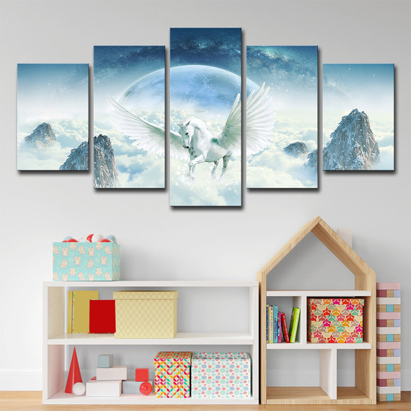 Fairy Tale Unicorn Wall Art Kids Multi-Piece Canvas Print in Blue and White