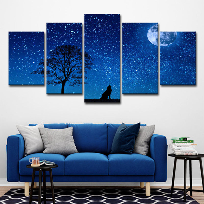 Blue Kids Wall Art Starry Moon Night Wolf Shadow Canvas Print for Living Room