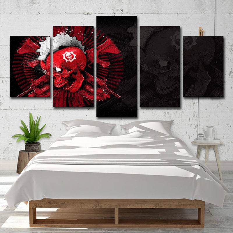 Modern Blossoming Skull Art Print Canvas Multi-Piece Black-Red Wall Decor for Bedroom