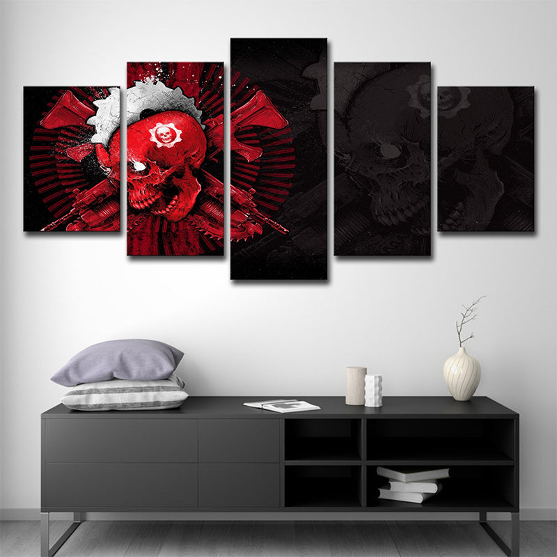 Modern Blossoming Skull Art Print Canvas Multi-Piece Black-Red Wall Decor for Bedroom