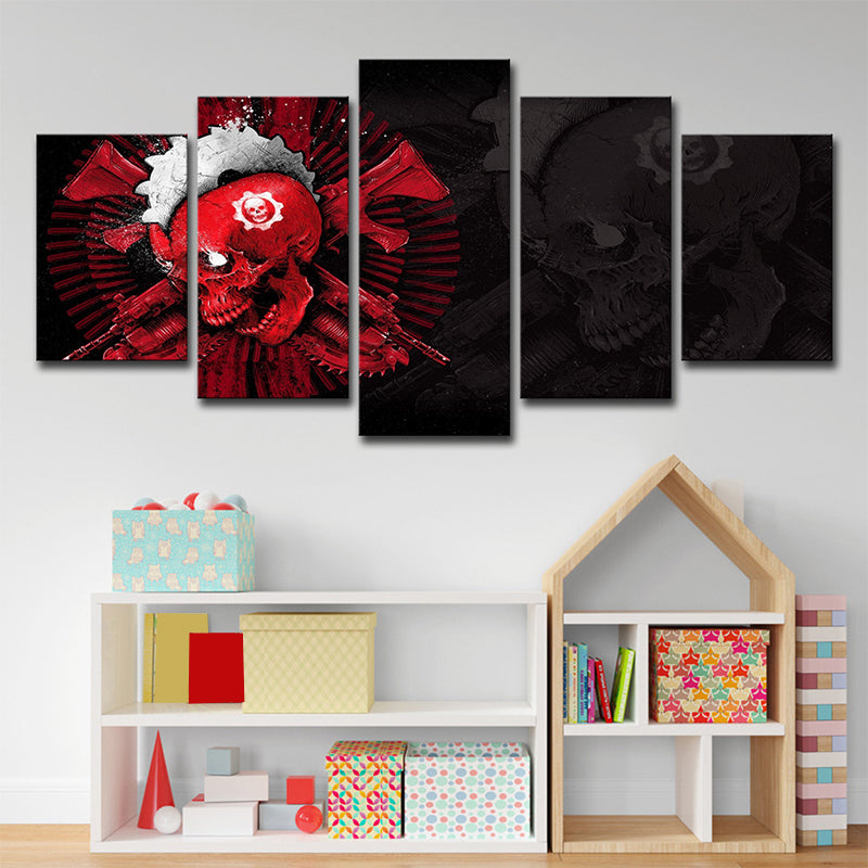 Modern Blossoming Skull Art Print Canvas Multi-Piece Black-Red Wall Decor for Bedroom