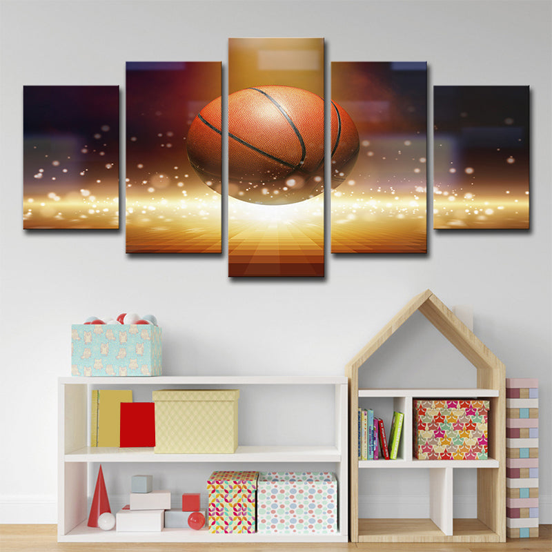 Basketball and Firefly Canvas Art Brown Contemporary Wall Decor for Boys Bedroom