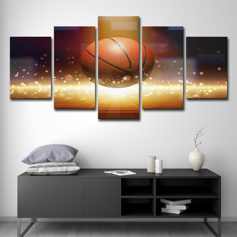 Basketball and Firefly Canvas Art Brown Contemporary Wall Decor for Boys Bedroom