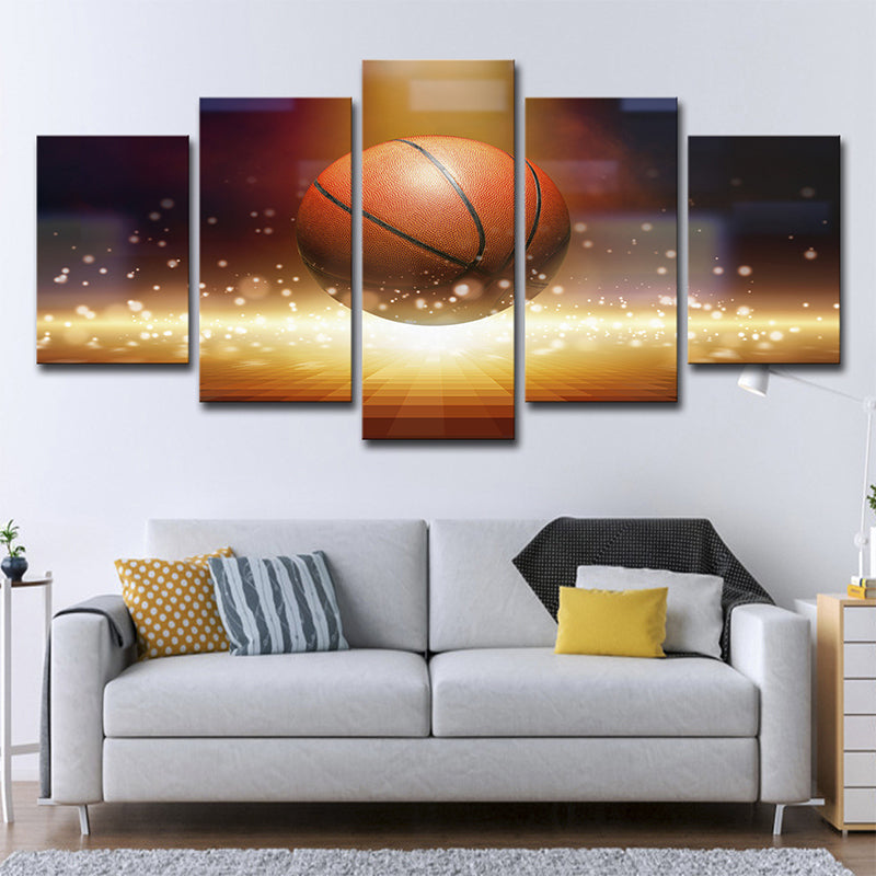 Basketball and Firefly Canvas Art Brown Contemporary Wall Decor for Boys Bedroom