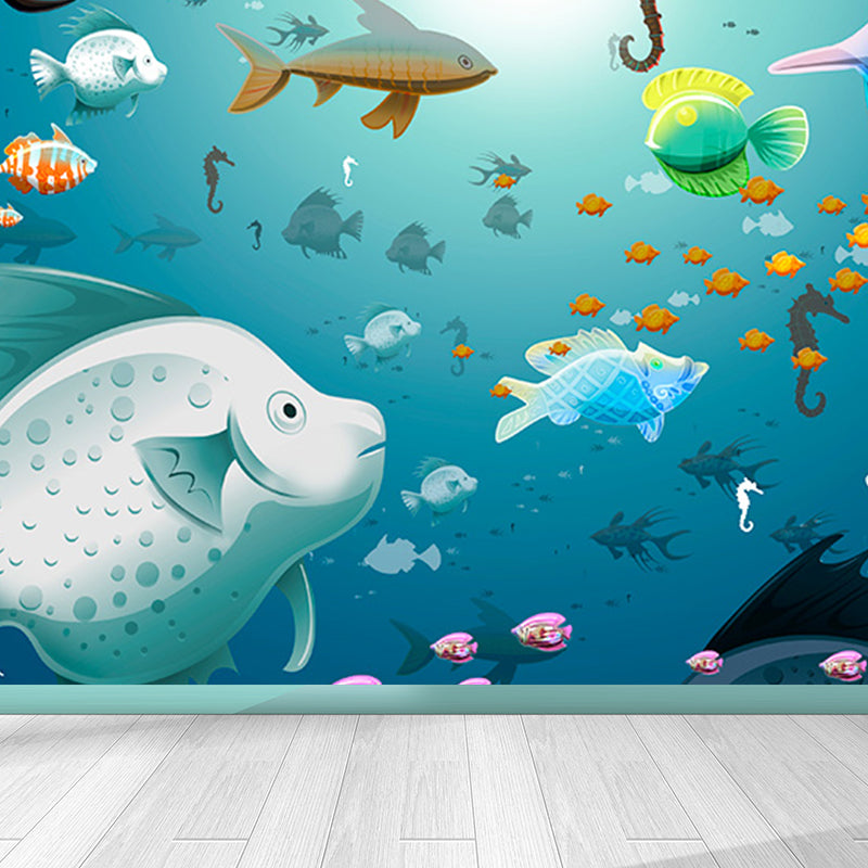 Underwater Scenery Mural Decal Dark Blue Kids Style Wall Covering for Children Room