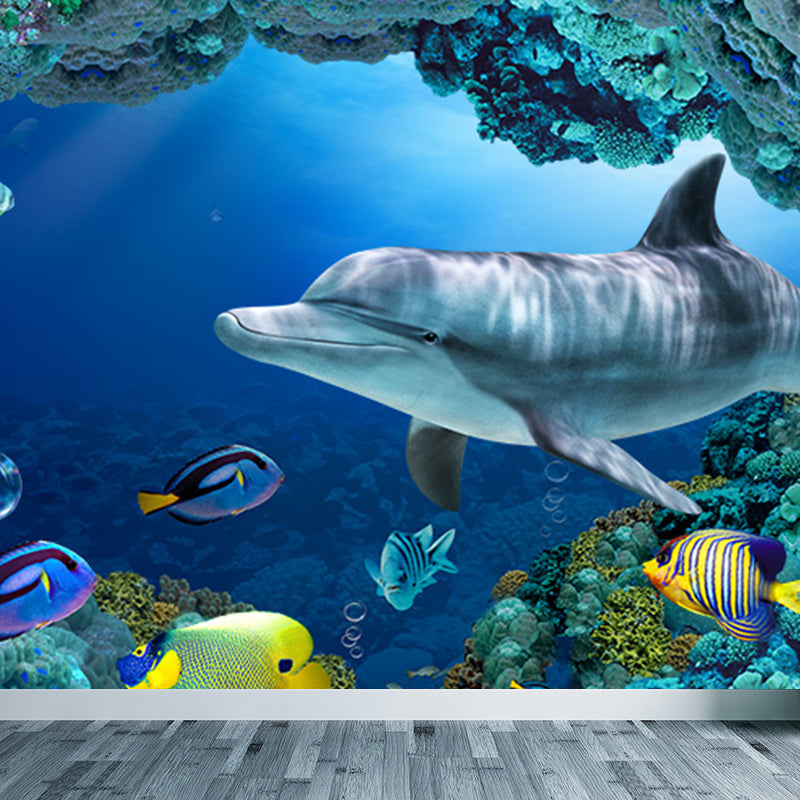 Underwater Scenery Mural Decal Dark Blue Kids Style Wall Covering for Children Room