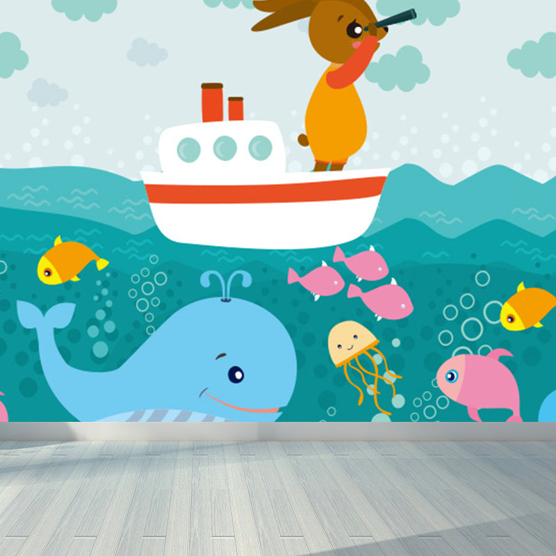 Blue Ocean Animals Wall Mural Nautical Cartoon Waterproofing Wall Art for Baby Room