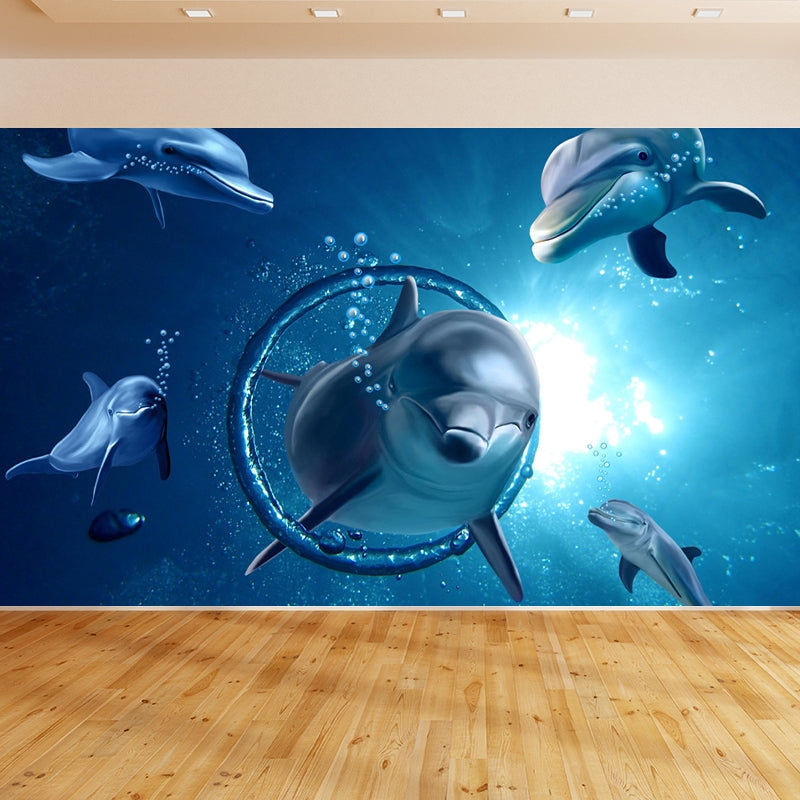 Blue Underwater Dolphins Wallpaper Mural Stain Resistant Wall Art for Kids Bedroom