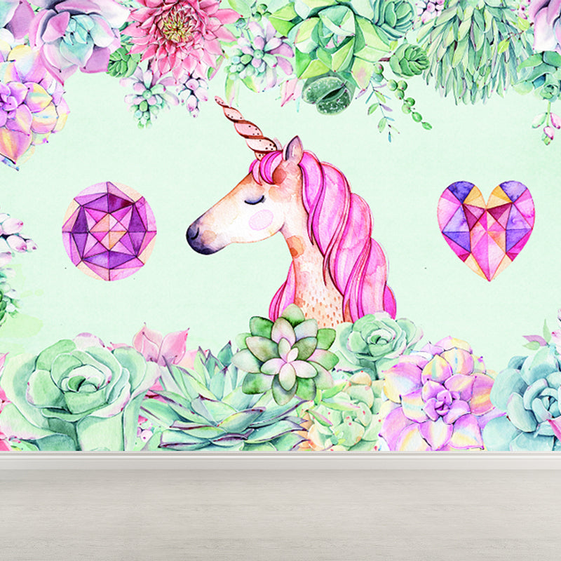 Kids Flower Border Unicorn Mural Green and Pink Waterproofing Wall Art for Nursery