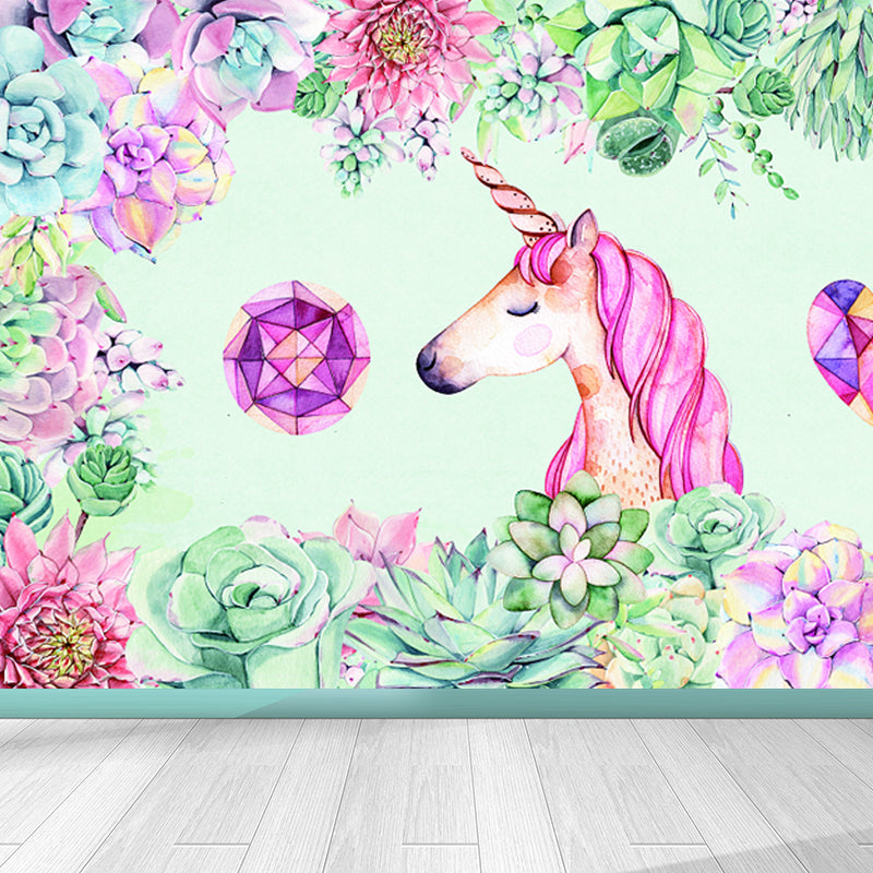 Kids Flower Border Unicorn Mural Green and Pink Waterproofing Wall Art for Nursery