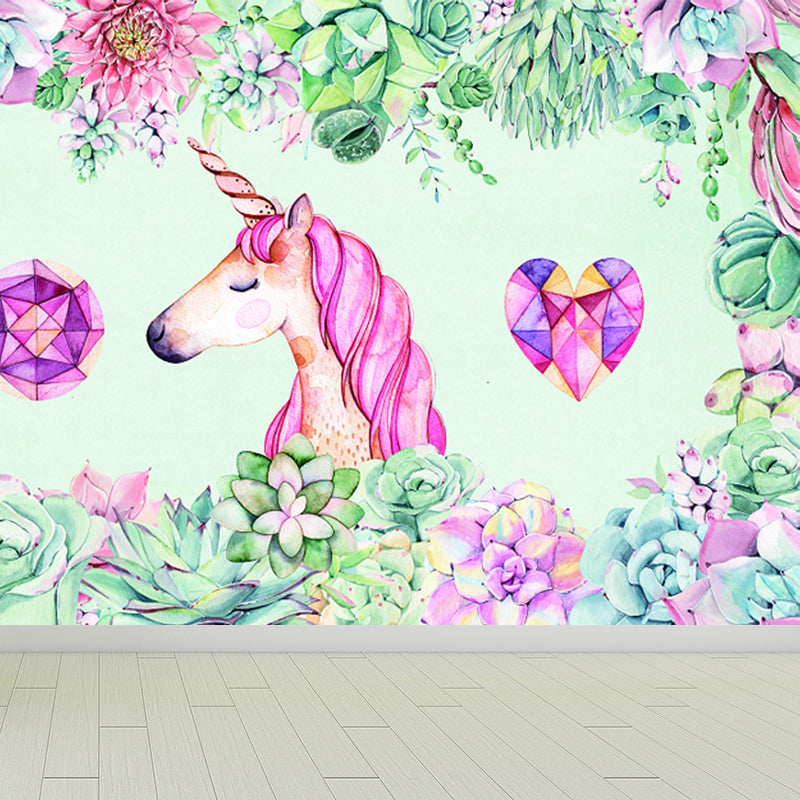 Kids Flower Border Unicorn Mural Green and Pink Waterproofing Wall Art for Nursery